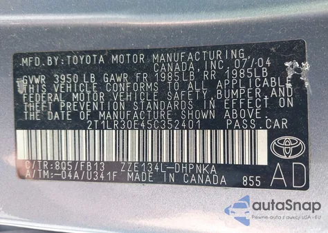 2005 Toyota Matrix Xr z USA, uszkodzony, nr VIN 2T1LR30E45C352401